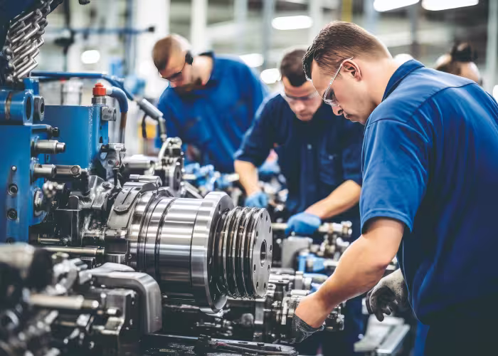 Techniciens en atelier ajustant une machine industrielle, concentrés sur une pièce mécanique en rotation.