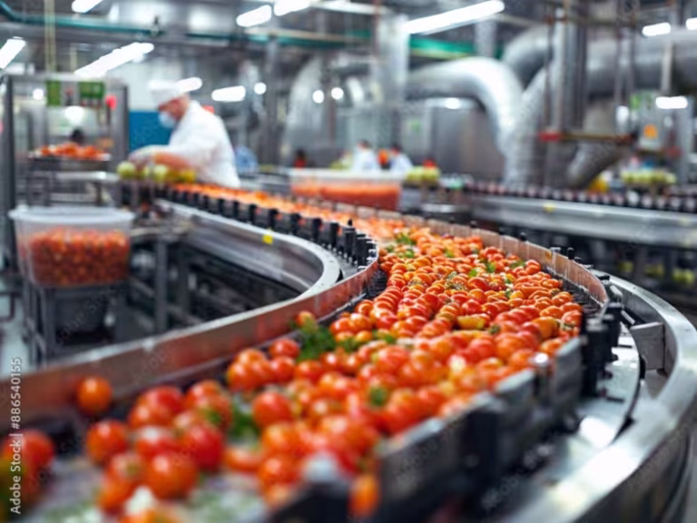 Tomates sur convoyeur dans une usine agroalimentaire, employés en arrière-plan.