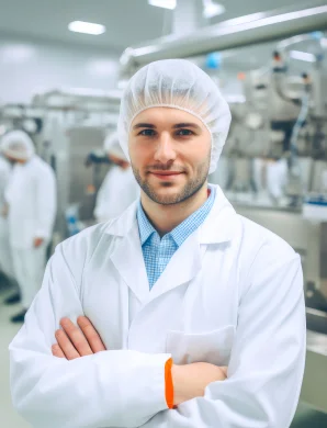 Technicien en blouse et charlotte, bras croisés, dans un environnement industriel propre et automatisé.