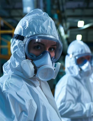Personnel en combinaison de protection et masque respiratoire dans un environnement industriel.