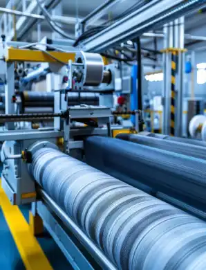 Machine industrielle de transformation textile avec rouleaux de matériau en cours de production.