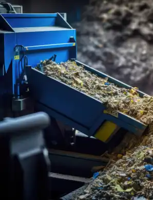 Convoyeur industriel bleu transportant des déchets pour tri et recyclage dans une installation automatisée.