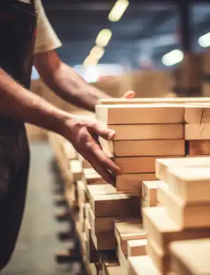 Empilage manuel de planches de bois par un ouvrier dans un atelier de menuiserie.
